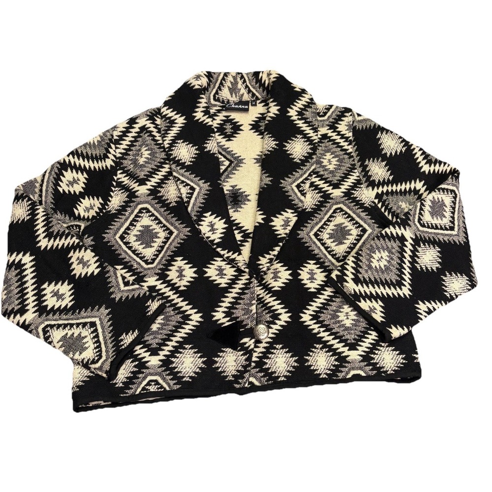 Southwestern Woven Jacket Aztec Tribal Tapestry Western Black‎ Ivory VTG Medium